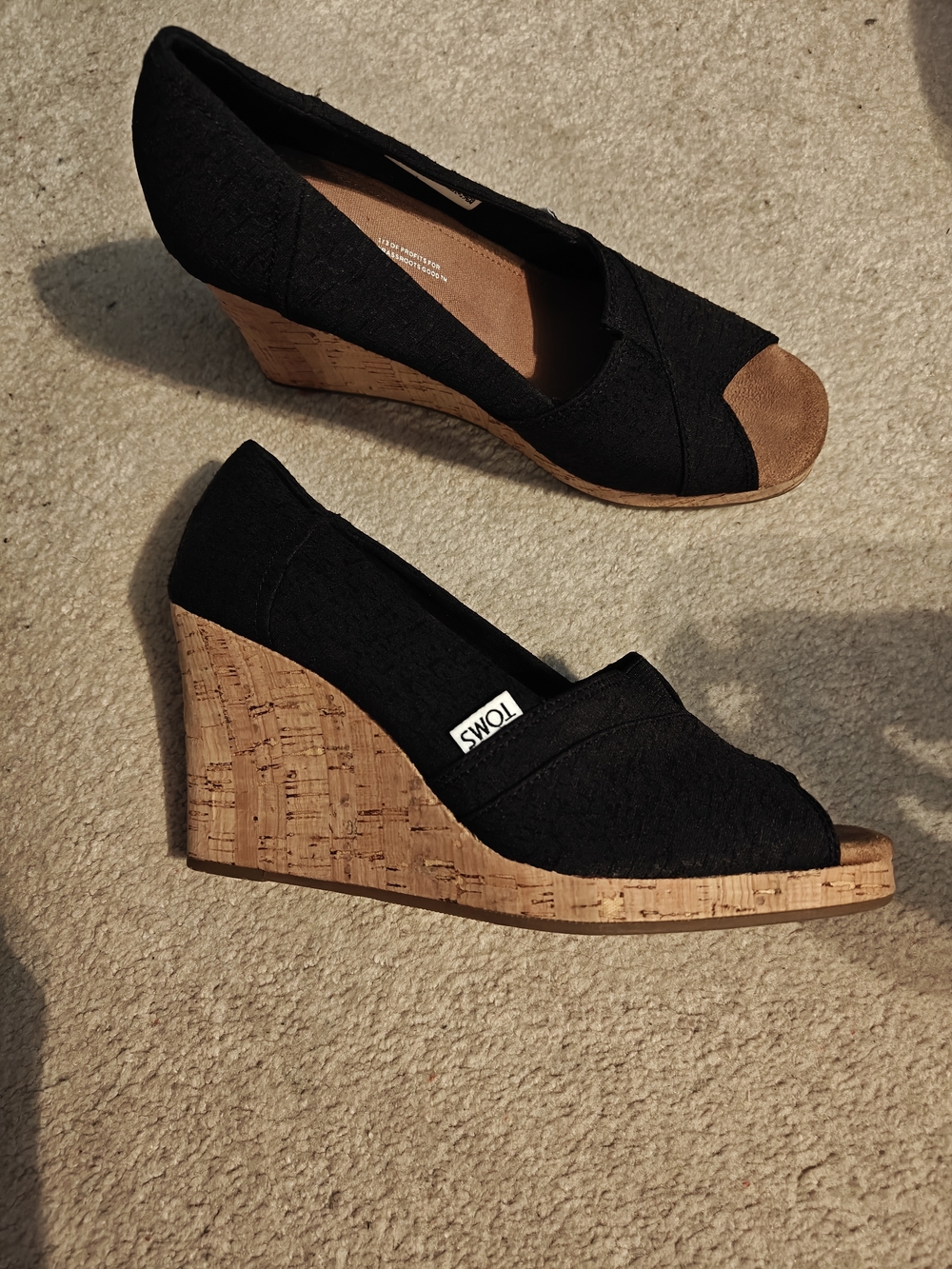TOMS Black Cork Wedge Peep-Toe Women’s Shoes